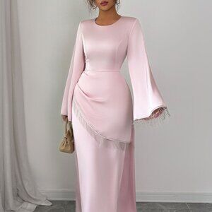 Fringe Long Sleeve Bodycon Maxi Dress | New Sheath Formal Solid Dress